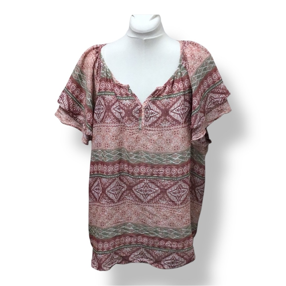 Boho Printed Flutter-Sleeve Top in Dusty Rose